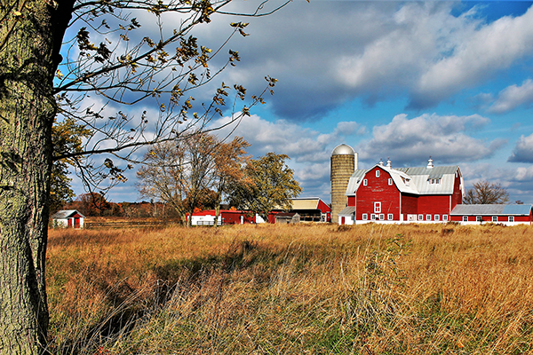A red barn and its outlying buildings viewed from afar. It is a sunny autumn day.