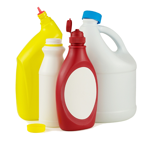 Various empty plastic jugs, bottles, and containers